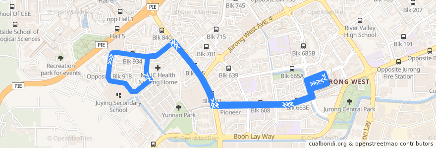 Mapa del recorrido Svc 241 (Boon Lay Interchange => Boon Lay Interchange) de la línea  en 西南区.