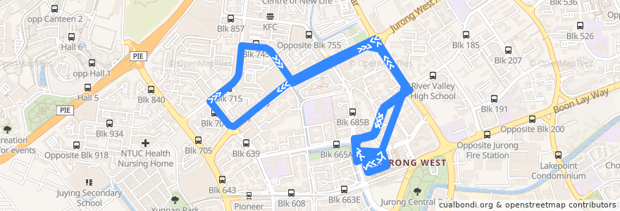 Mapa del recorrido Svc 242 (Boon Lay Interchange => Boon Lay Interchange) de la línea  en 西南区.