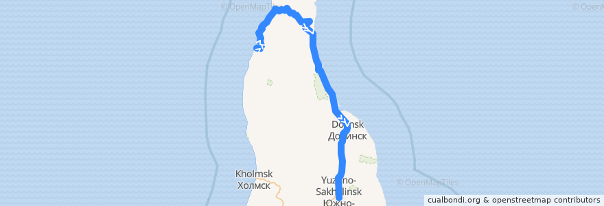 Mapa del recorrido Поезд № 6202: Томари — Южно-Сахалинск de la línea  en Oblast' di Sachalin.