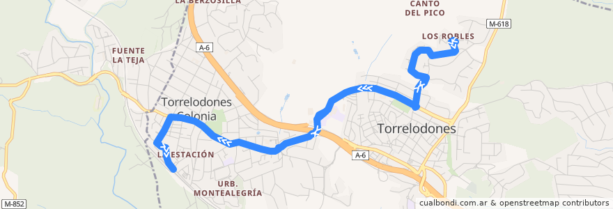 Mapa del recorrido L2: Los Robles → Pueblo → Colonia → FF.CC. de la línea  en Torrelodones.