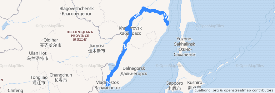 Mapa del recorrido Поезд № 351Э: Владивосток - Советская Гавань de la línea  en Дальневосточный федеральный округ.