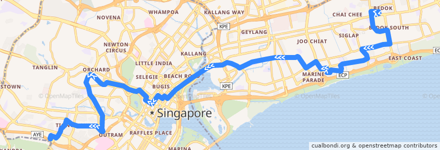 Mapa del recorrido Svc 16 (Bedok Interchange => Bukit Merah Interchange) de la línea  en Singapore.