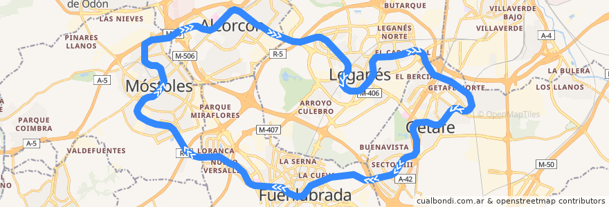 Mapa del recorrido Línea 12. Metrosur de la línea  en Comunidad de Madrid.