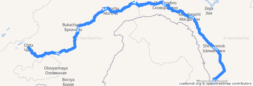 Mapa del recorrido Поезд № 391Ч: Благовещенск — Чита de la línea  en Дальневосточный федеральный округ.