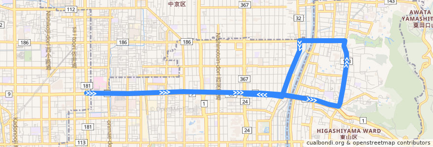 Mapa del recorrido 20号系統 de la línea  en Kyoto.