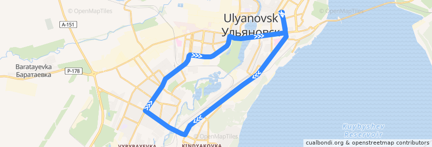 Mapa del recorrido Трамвай № 9: Дамба — Речной Порт — Октябрьская — Дамба de la línea  en городской округ Ульяновск.