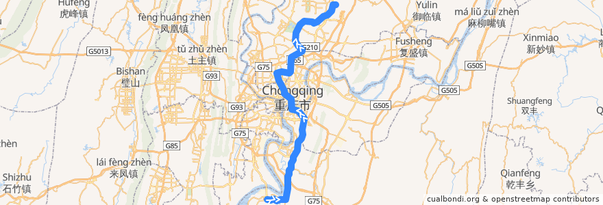 Mapa del recorrido CRT Line 3: 鱼洞 → 江北机场T2航站楼 de la línea  en Chongqing.