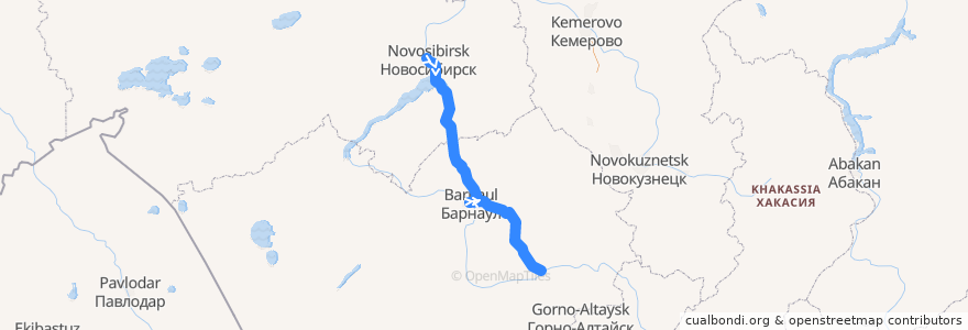 Mapa del recorrido Поезд 601: Новосибирск — Барнаул — Бийск de la línea  en Сибирский федеральный округ.