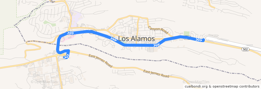 Mapa del recorrido Route 1: Downtown Circulator Outbound de la línea  en Los Alamos County.