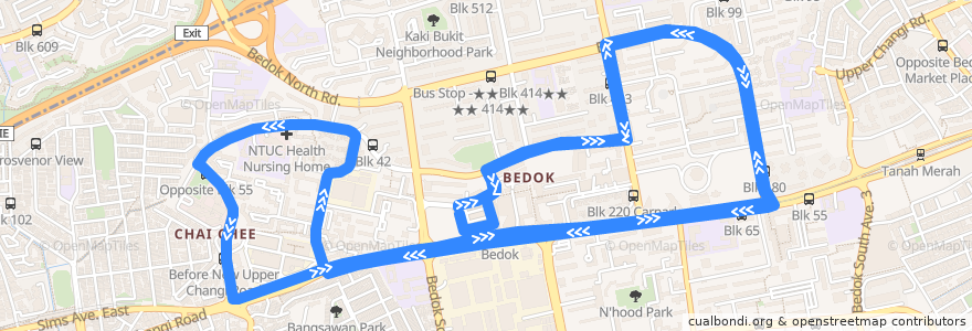 Mapa del recorrido Svc 222 (Bedok Interchange => Bedok Interchange) de la línea  en 东南区.