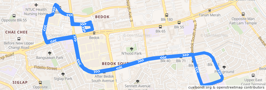 Mapa del recorrido Svc 229 (Bedok Interchange => Bedok Interchange) de la línea  en Southeast.