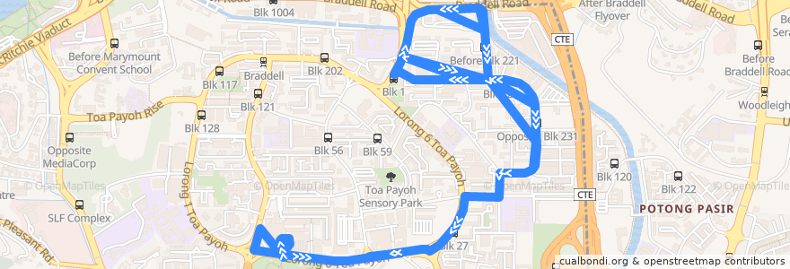 Mapa del recorrido Svc 238 (Toa Payoh Interchange => Toa Payoh Interchange) de la línea  en Central.