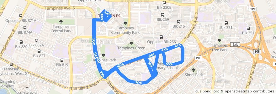 Mapa del recorrido Svc 292 (Tampines Interchange => Tampines Interchange) de la línea  en سنگاپور.