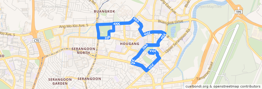 Mapa del recorrido Svc 325 (Hougang Central Interchange => Hougang Central Interchange) de la línea  en 东北区.