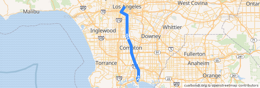 Mapa del recorrido A Line (Blue): Downtown Long Beach → 7th Street/Metro Center de la línea  en مقاطعة لوس أنجلس.