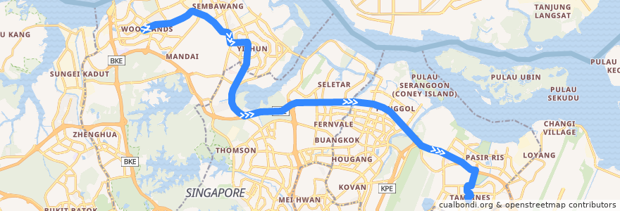 Mapa del recorrido Svc 969 (Woodlands Temporary Interchange => Tampines Interchange) de la línea  en Singapura.