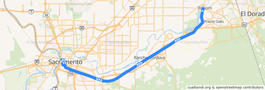 Mapa del recorrido Gold Line: Sacramento Valley Station => Historic Folsom de la línea  en Sacramento County.