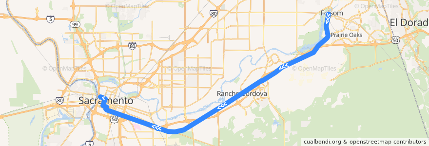 Mapa del recorrido Gold Line: Historic Folsom => Sacramento Valley Station de la línea  en Sacramento County.