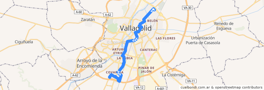 Mapa del recorrido Bus 2: San Pedro Regalado => Covaresa de la línea  en Valladolid.