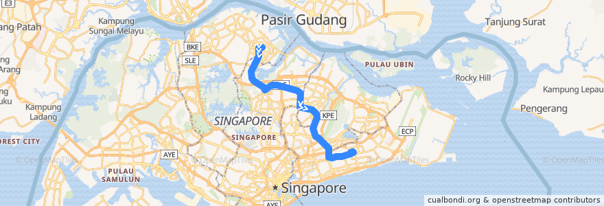 Mapa del recorrido Svc 854 (Yishun Temporary Interchange => Bedok Interchange) de la línea  en Singapore.