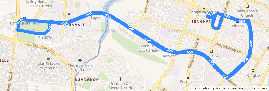 Mapa del recorrido Svc 163M (Sengkang Interchange => Sengkang Interchange) de la línea  en 싱가포르.
