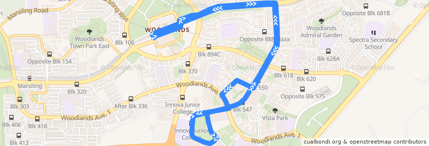 Mapa del recorrido Svc 900A (Woodlands Temporary Interchange => Woodlands Temporary Interchange) de la línea  en Northwest.