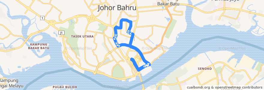 Mapa del recorrido Svc S1 ( JB Sentral Bus Terminal ↔ KSl City Mall (Loop) ) de la línea  en Johor Bahru.