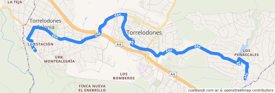 Mapa del recorrido L4: Los Peñascales → Pueblo → Colonia → FF.CC. de la línea  en Torrelodones.