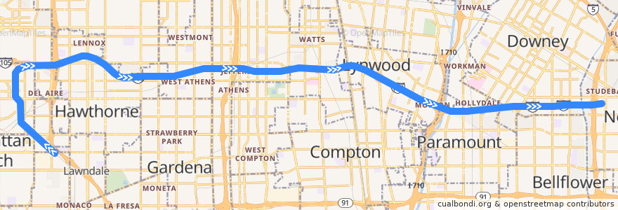 Mapa del recorrido Metro Green Line (C): Redondo Beach → Norwalk de la línea  en Los Angeles County.