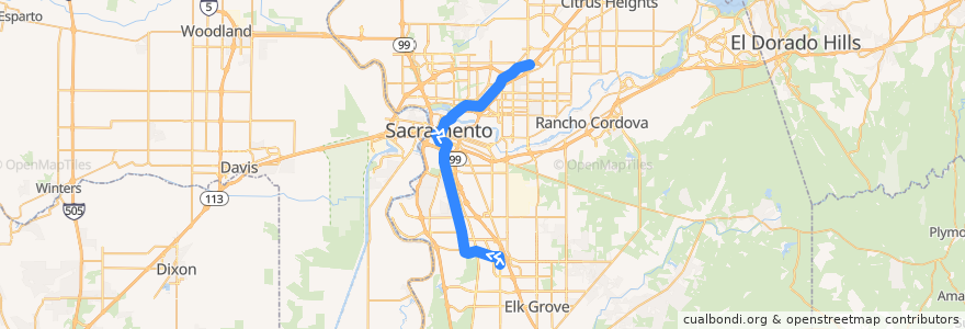 Mapa del recorrido Blue Line: Cosumnes River College => Watt/I-80 de la línea  en Sacramento.