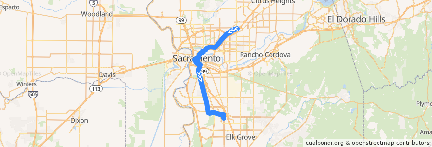 Mapa del recorrido Blue Line: Watt/I-80 => Cosumnes River College de la línea  en Sacramento.