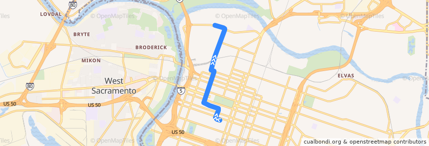 Mapa del recorrido Green Line: 13th Street => 7th & Richards / Township 9 de la línea  en Sacramento.