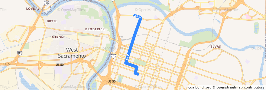 Mapa del recorrido Green Line: 7th & Richards / Township 9 => 13th Street de la línea  en Sacramento.