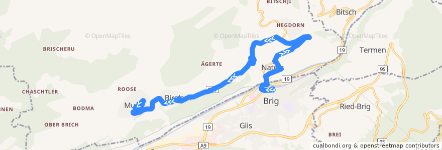 Mapa del recorrido Bus 623: Brig, Bahnhof => Mund, Dorf de la línea  en Naters.