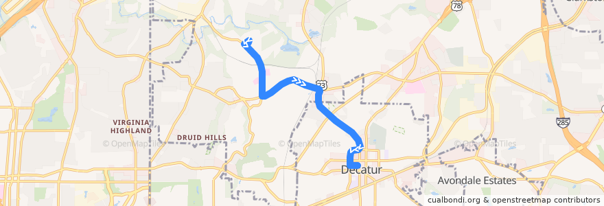 Mapa del recorrido Clifton Corridor / Decatur MARTA Station Outbound de la línea  en DeKalb County.