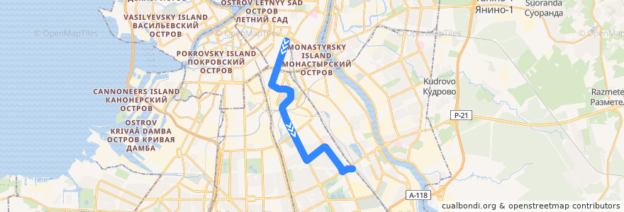 Mapa del recorrido Автобус № 91: Московский вокзал => ж/д станция «Сортировочная» de la línea  en Фрунзенский район.