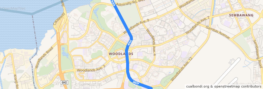 Mapa del recorrido MRT Thomson–East Coast Line (Woodlands North→Woodlands South) de la línea  en 西北区.