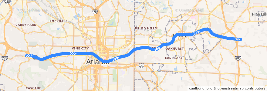 Mapa del recorrido Subway Blue Line: Hamilton E. Holmes => Indian Creek de la línea  en Georgia.