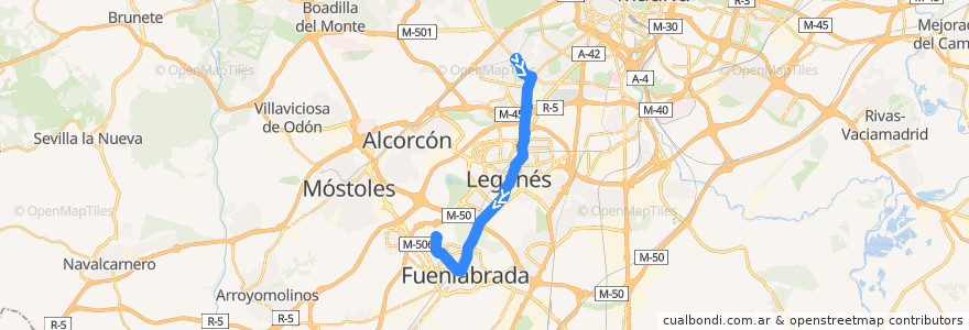 Mapa del recorrido Bus 491: Madrid (Aluche) → Fuenlabrada (B° Naranjo) de la línea  en Comunidad de Madrid.