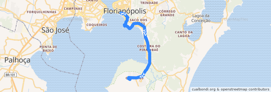 Mapa del recorrido Ônibus 183: Corredor Sudoeste, TICEN => Aeroporto, Volta de la línea  en 弗洛里亚诺波利斯.