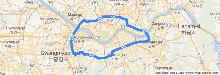 Mapa del recorrido 서울 지하철 2호선: 외선순환 de la línea  en Séoul.