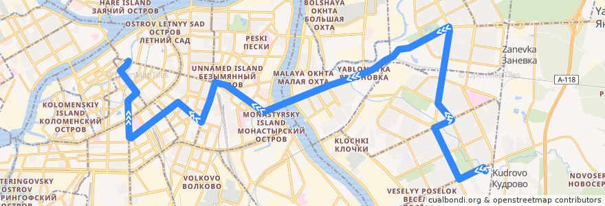 Mapa del recorrido Автобус № 4М: Река Оккервиль => станция метро «Адмиралтейская» de la línea  en Sankt Petersburg.