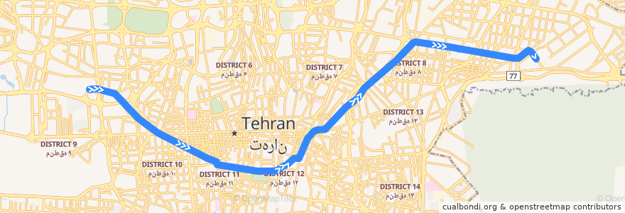 Mapa del recorrido خط ۲ de la línea  en Teheran.