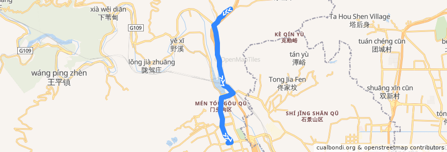 Mapa del recorrido Bus 383: 杨坨 => 大峪 de la línea  en 门头沟区.