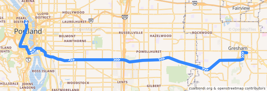 Mapa del recorrido Bus 9: Portland => Gresham Transit Center de la línea  en Multnomah County.