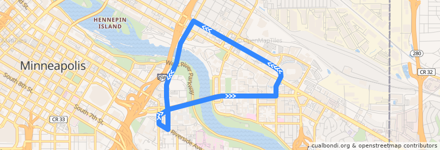 Mapa del recorrido Campus Shuttle 123 4th Street Circulator de la línea  en ミネアポリス.