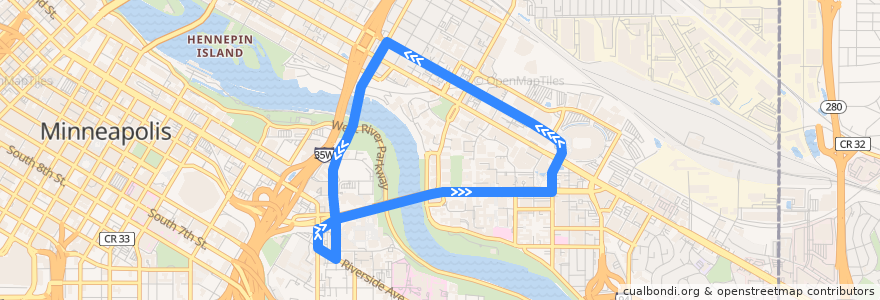 Mapa del recorrido Campus Shuttle 123 4th Street Circulator de la línea  en Minneapolis.