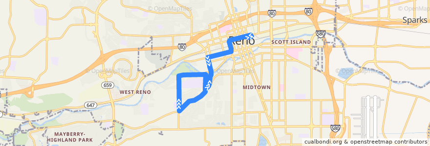 Mapa del recorrido RTC Route 16 Idlewild de la línea  en Reno.