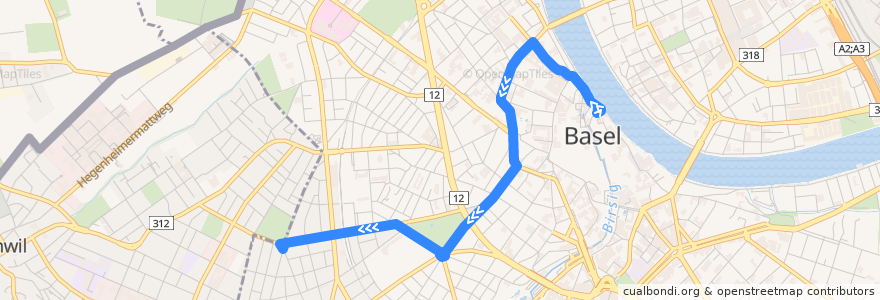 Mapa del recorrido Bus 33: Schifflände => Wanderstrasse de la línea  en Basel.