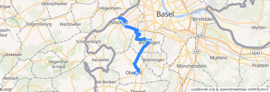 Mapa del recorrido Bus 61: Oberwil BL, Zentrum => Allschwil, Friedhof de la línea  en Bezirk Arlesheim.